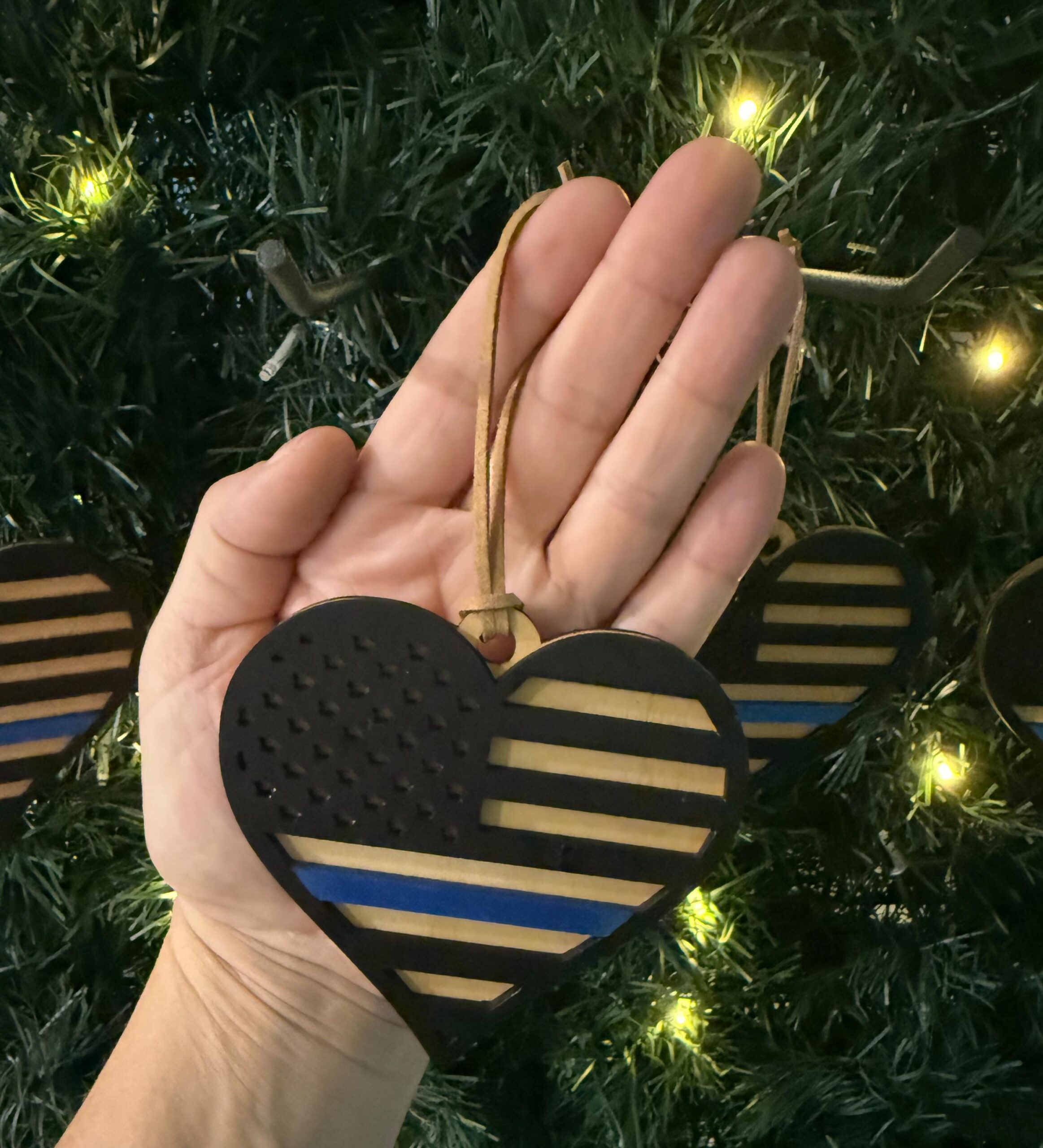 Thin Blue Line Police Heart Ornament, Wood, Hand Painted