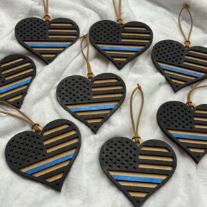 Thin Blue Line Police Heart Ornament, Wood, Hand Painted