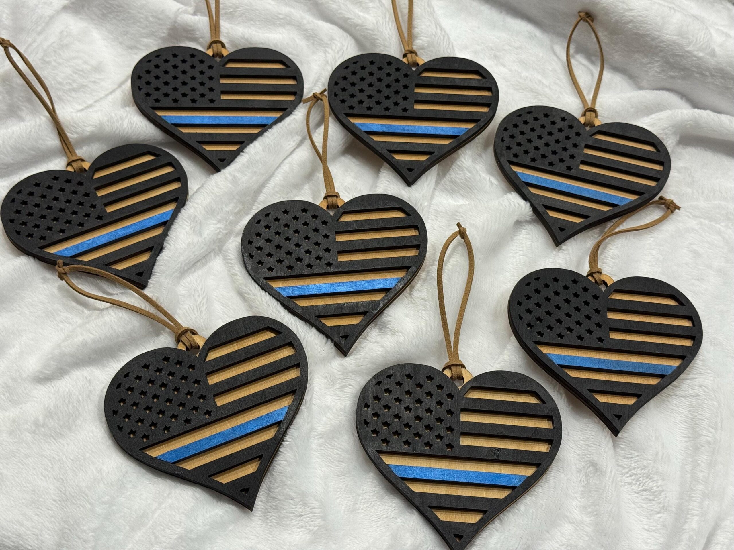Thin Blue Line Police Heart Ornament, Wood, Hand Painted