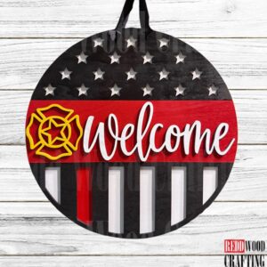 Welcome Firefighter Thin Red Line Door Sign, Wooden Wall Plaque