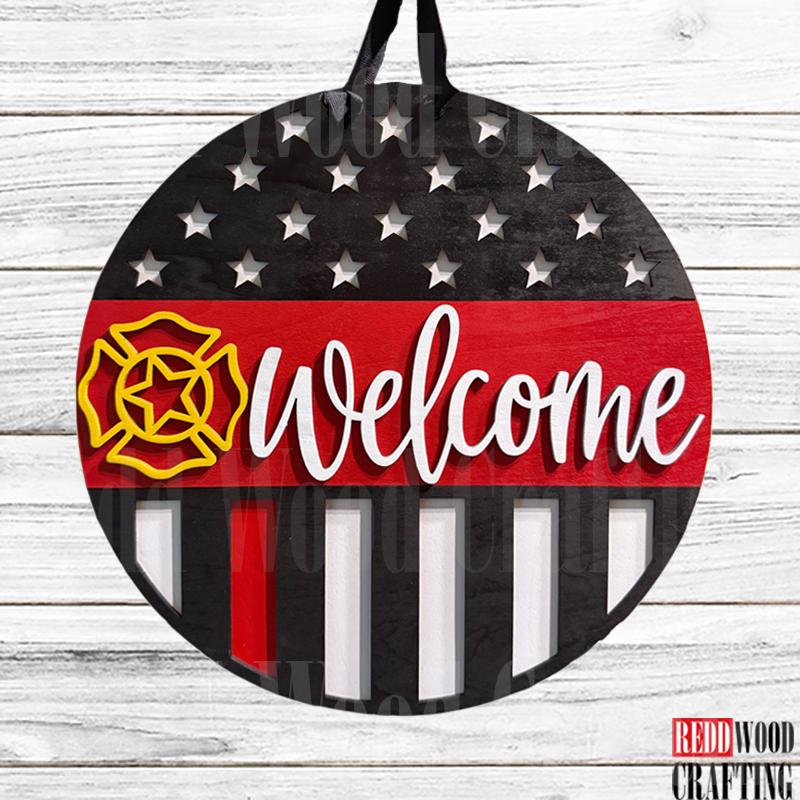 Welcome Firefighter Thin Red Line Door Sign, Wooden Wall Plaque