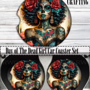 Day of the Dead Girl Car Coasters, Sugar Skull Art (Set of 2)