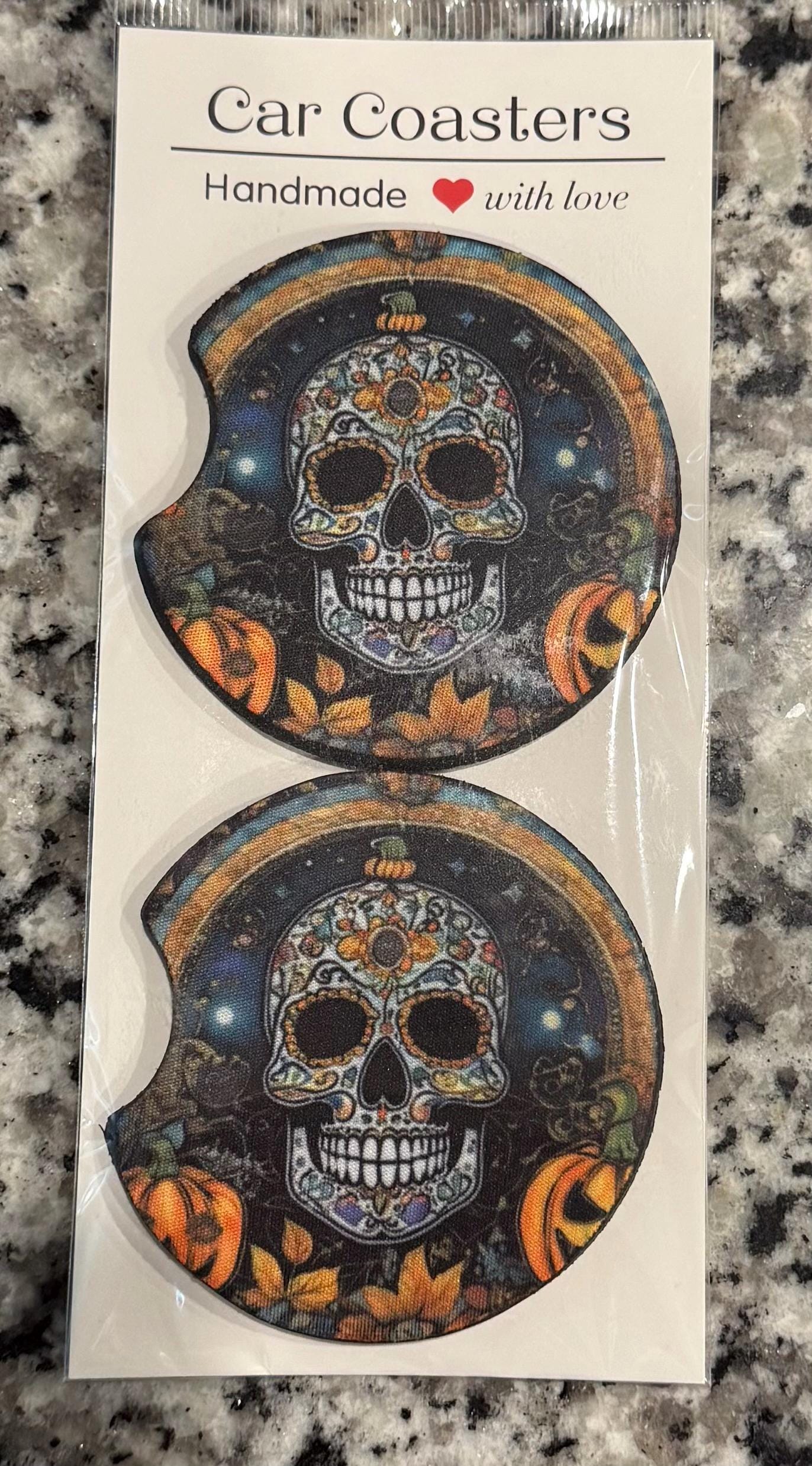 Sugar Skull Car Coasters, Day of the Dead Neoprene Cup Holder (Set of 2) - Image 3