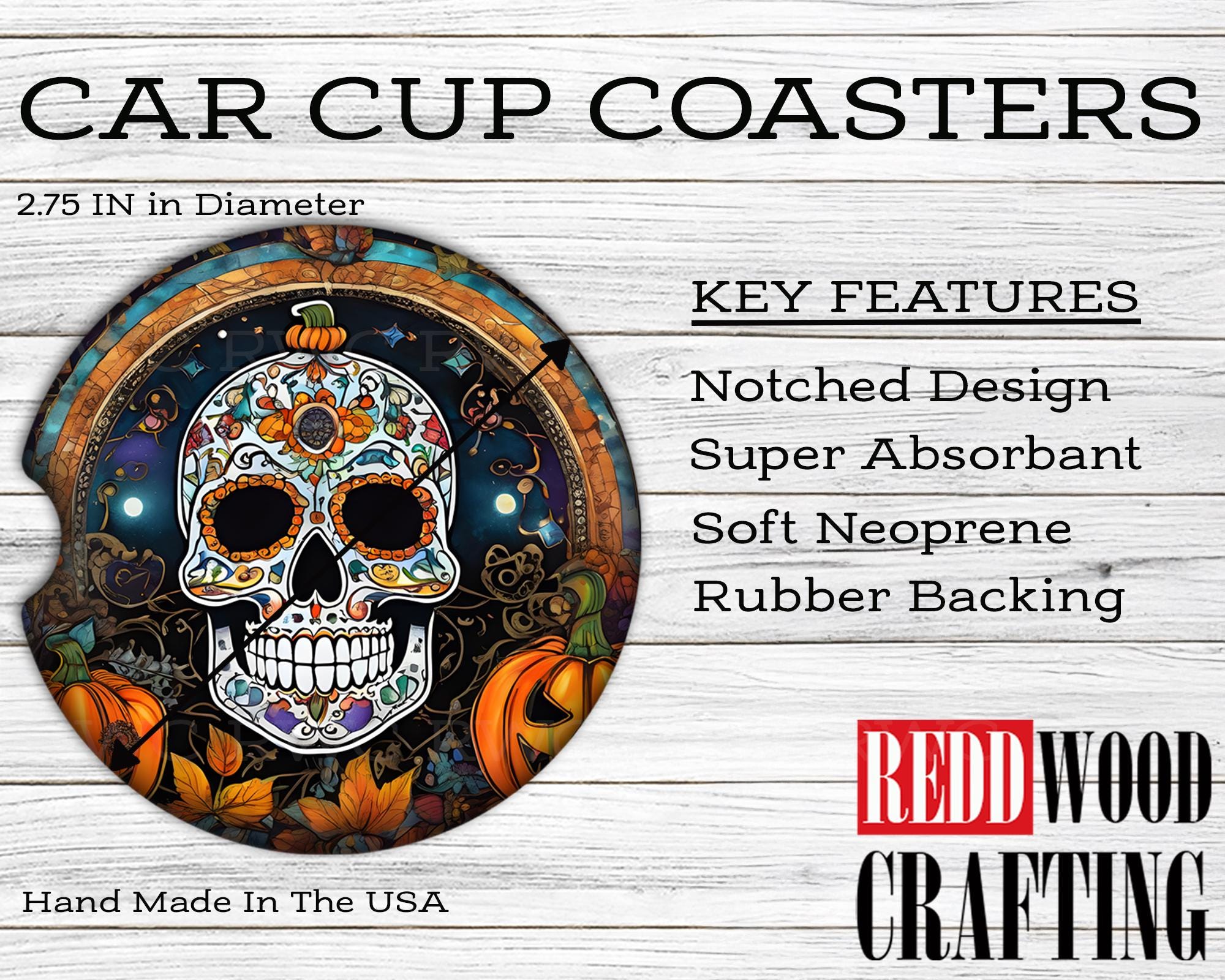 Sugar Skull Car Coasters, Day of the Dead Neoprene Cup Holder (Set of 2)