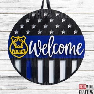 Welcome Police Officer Thin Blue Line Door Sign, Wooden Wall Plaque