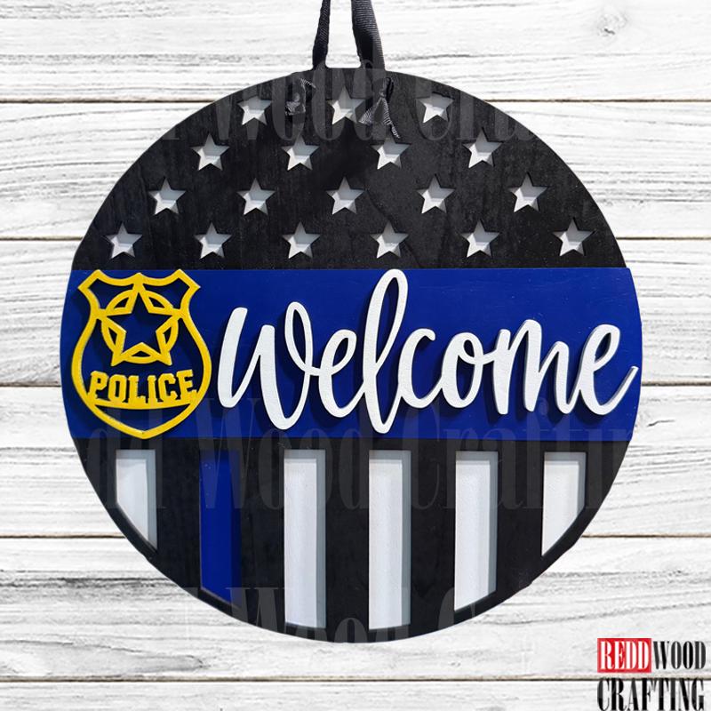 Welcome Police Officer Thin Blue Line Door Sign, Wooden Wall Plaque