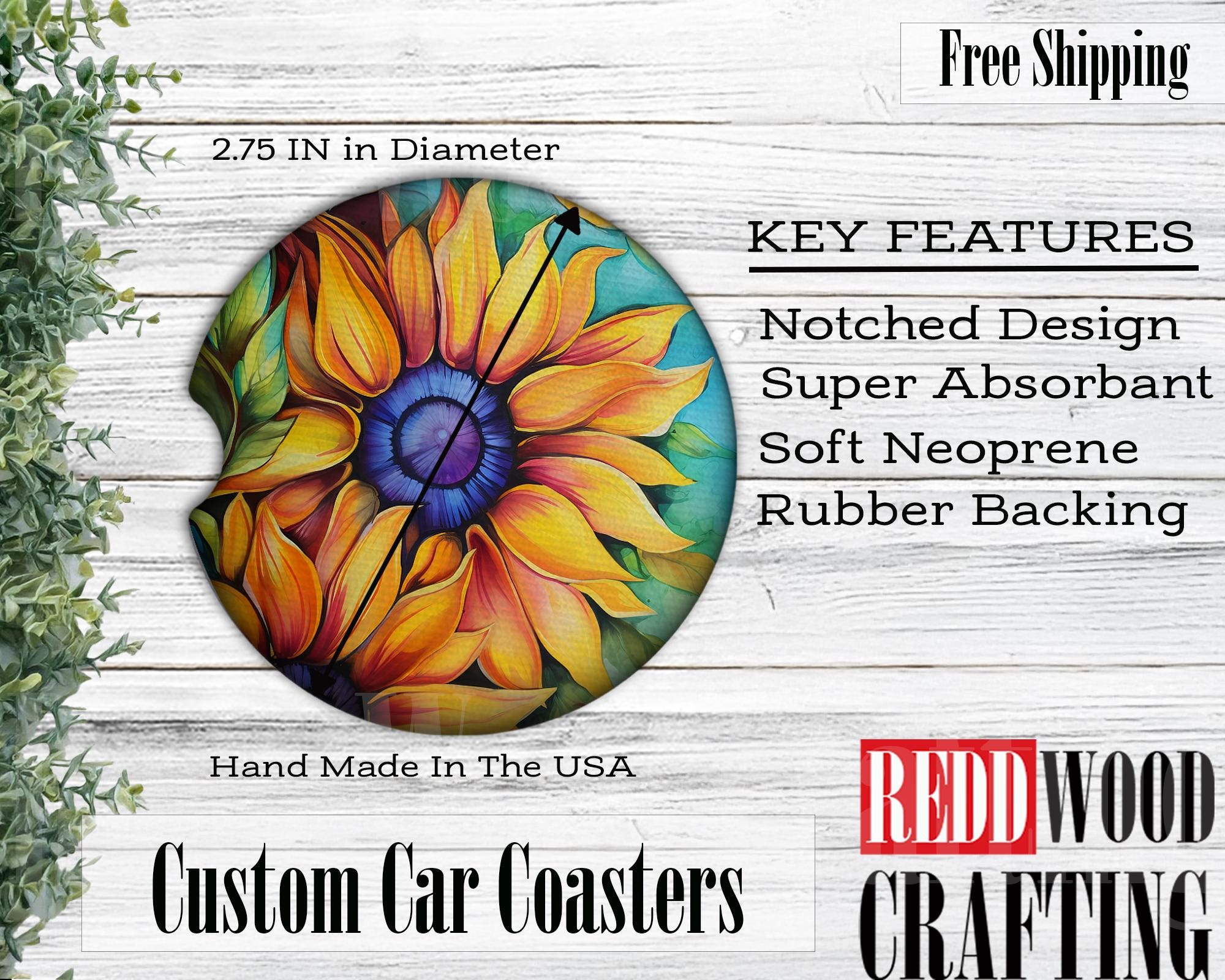 Alcohol Ink Sun Flowers Car Coasters, Car Cup Holder Accessories (Set of 2)