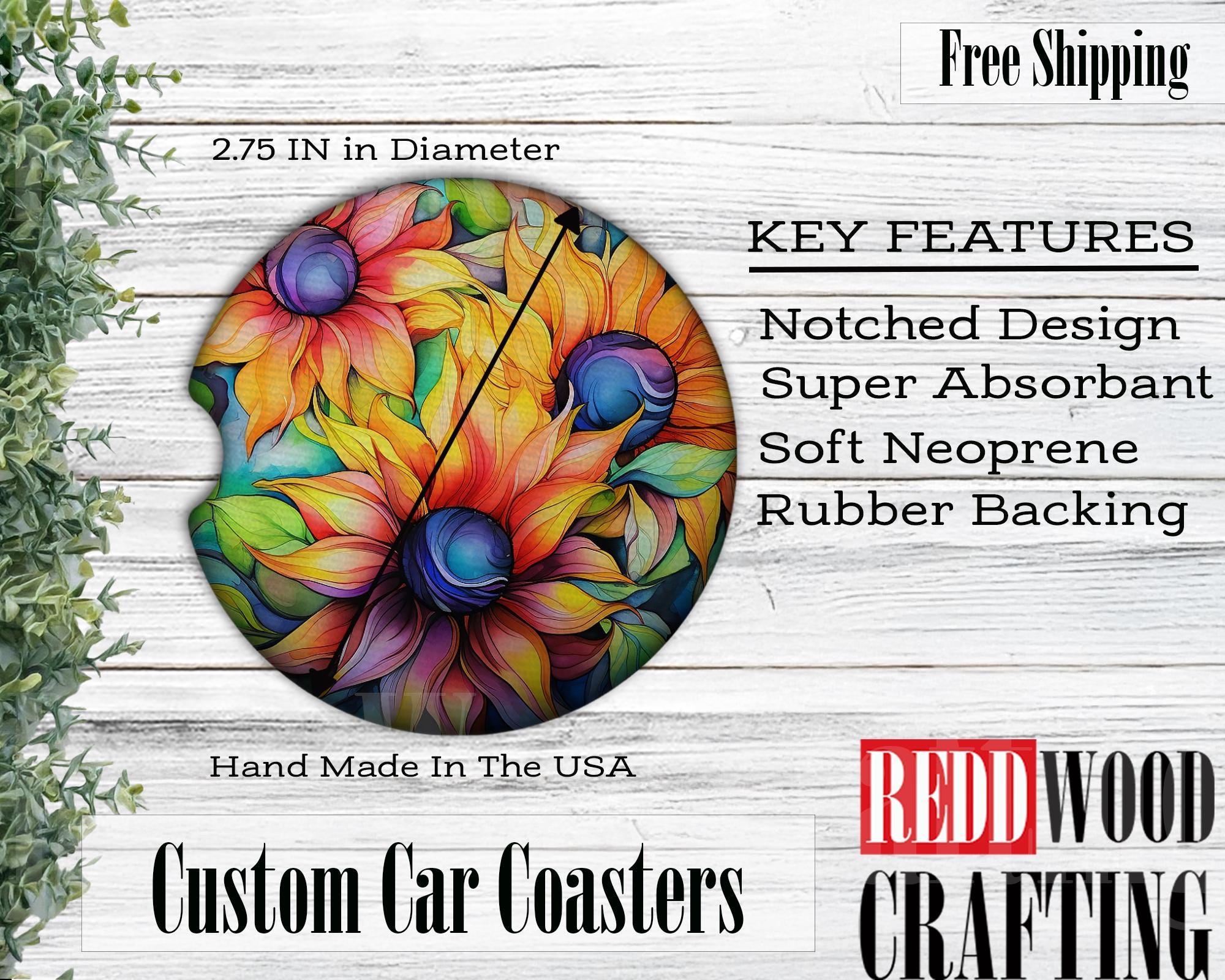 Alcohol Ink Sun Flowers Car Coasters, Car Cup Holder Accessories (Set of 2)