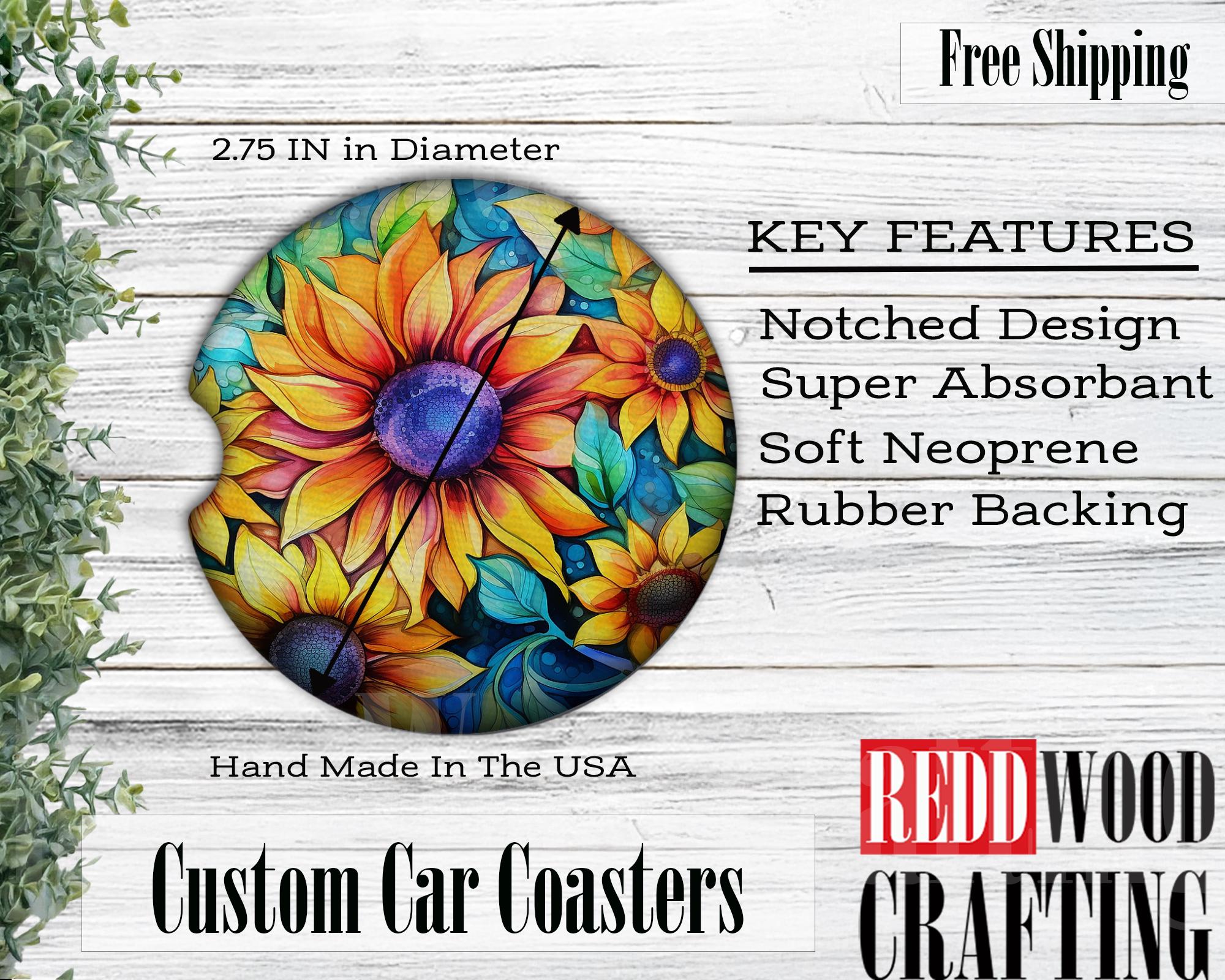 Alcohol Ink Sun Flowers Car Coasters, Car Cup Holder Accessories (Set of 2)