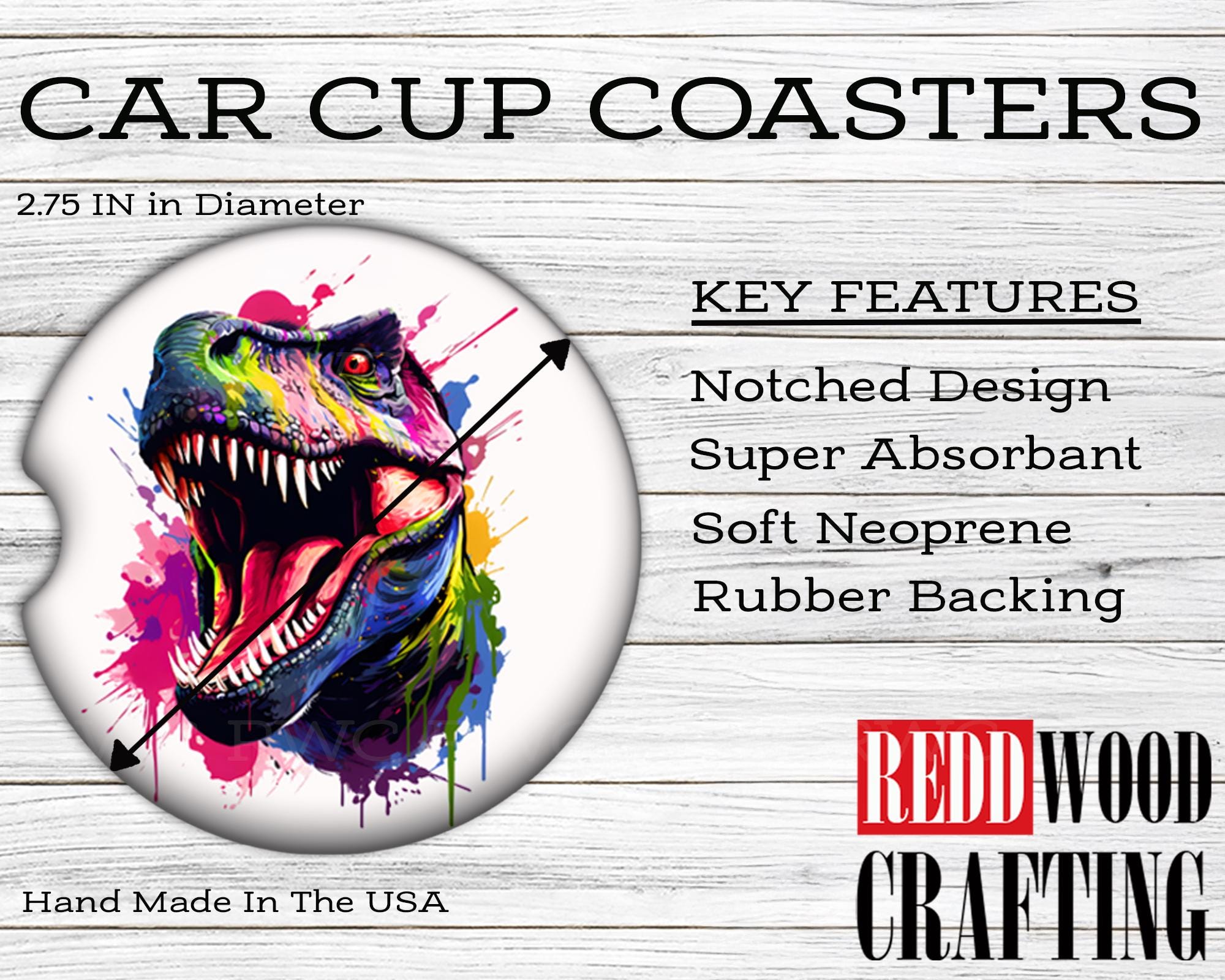 Colorful Painted T Rex Car Coasters (Set of 2), Neoprene Cup Holder Accessories