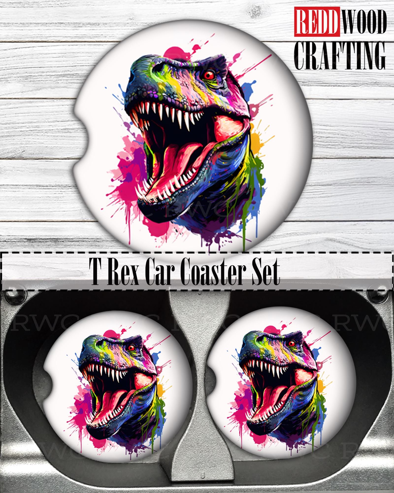 Colorful Painted T Rex Car Coasters (Set of 2), Neoprene Cup Holder Accessories