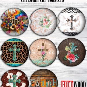 Faith Christian Car Coasters (Set of 2), Neoprene Cup Holder Accessories - 8 Options