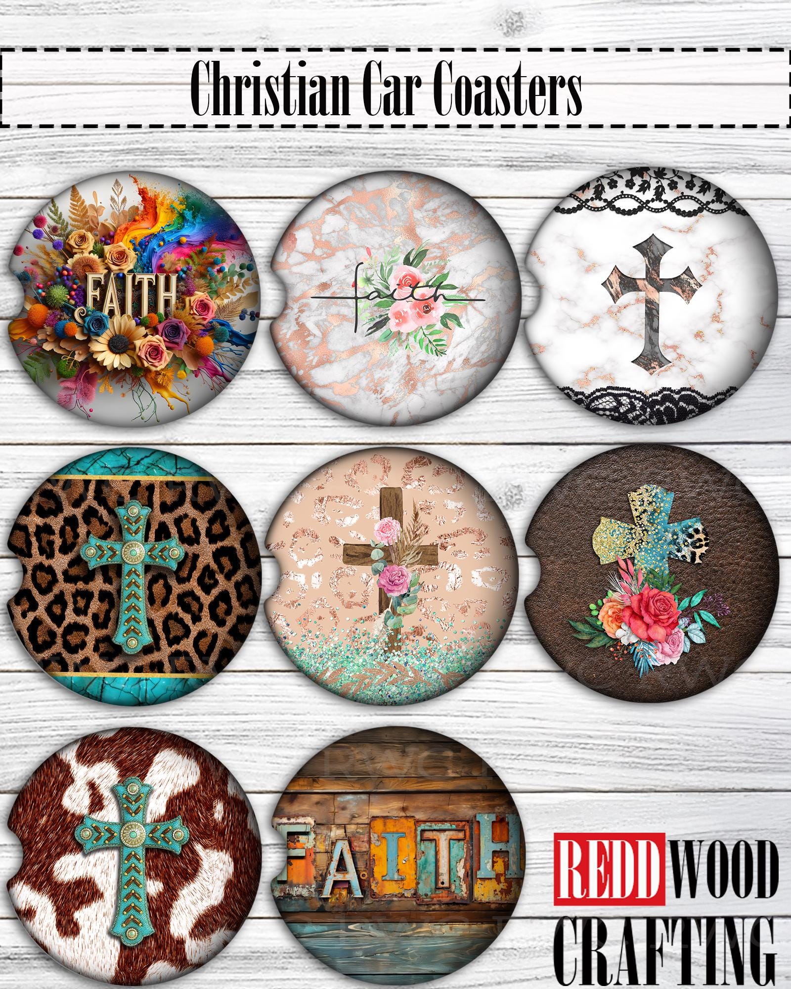 Faith Christian Car Coasters (Set of 2), Neoprene Cup Holder Accessories - 8 Options