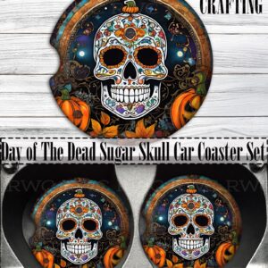 Sugar Skull Car Coasters, Day of the Dead Neoprene Cup Holder (Set of 2)