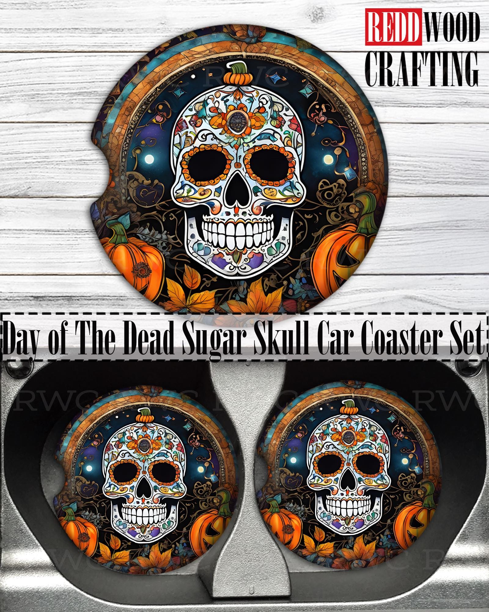 Sugar Skull Car Coasters, Day of the Dead Neoprene Cup Holder (Set of 2)
