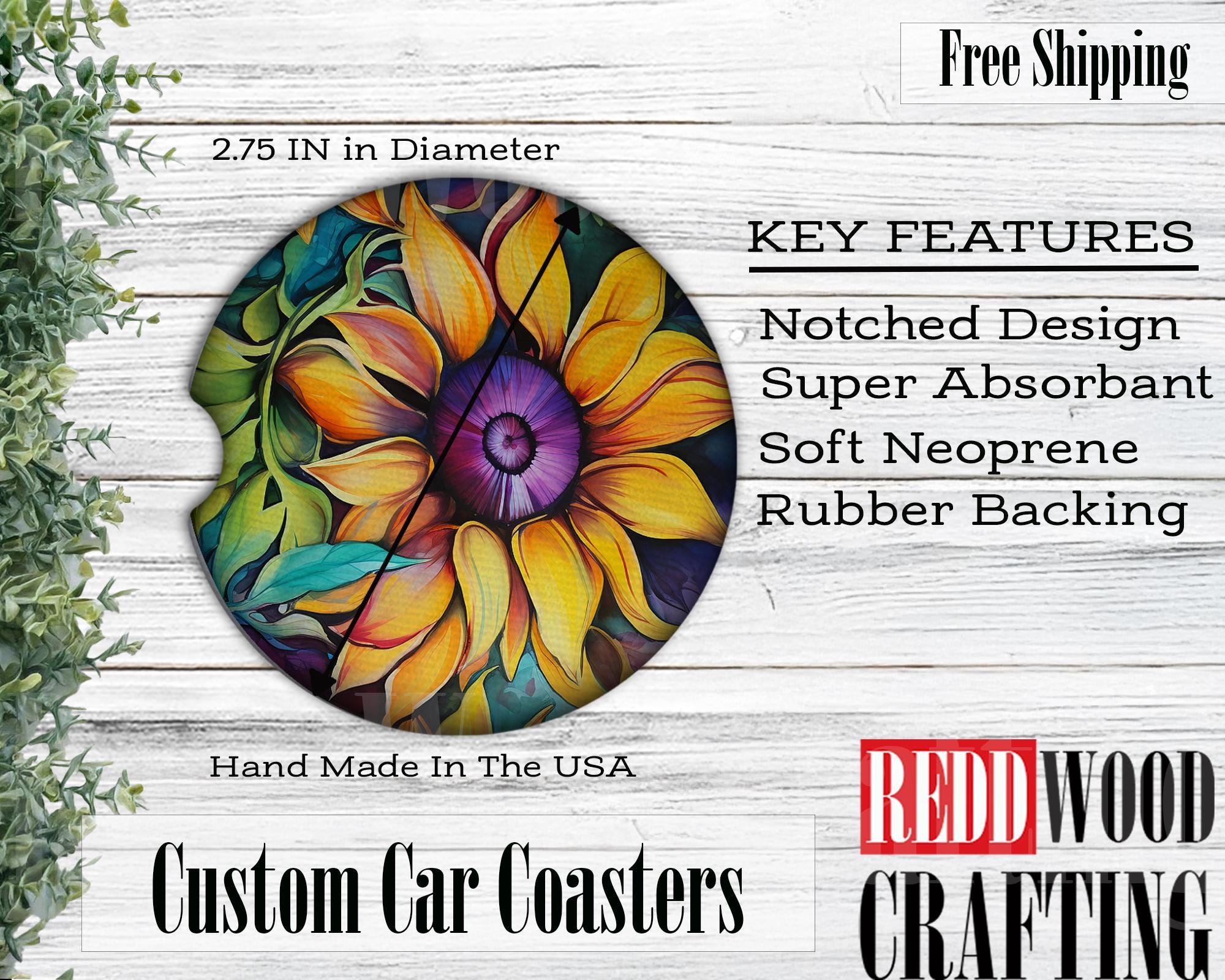 Alcohol Ink Sun Flowers Car Coasters, Car Cup Holder Accessories (Set of 2)