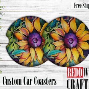 Alcohol Ink Sun Flowers Car Coasters, Car Cup Holder Accessories (Set of 2)