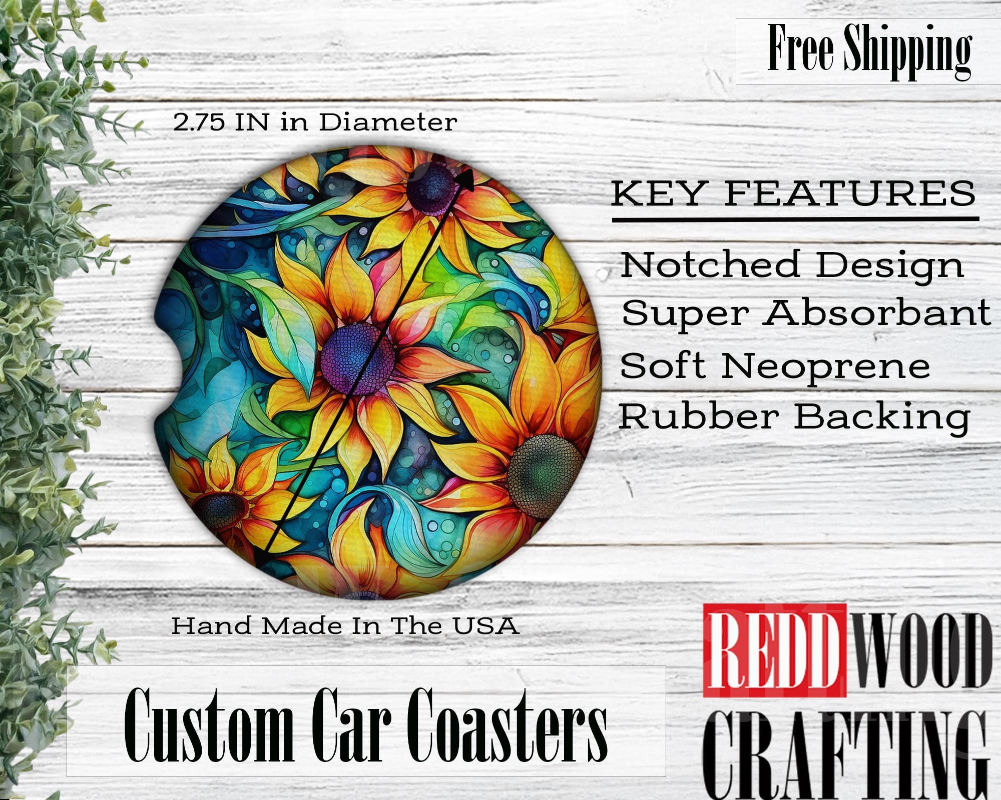 Alcohol Ink Sun Flowers Car Coasters, Car Cup Holder Accessories (Set of 2)