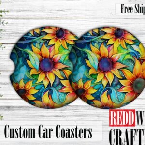 Alcohol Ink Sun Flowers Car Coasters, Car Cup Holder Accessories (Set of 2)